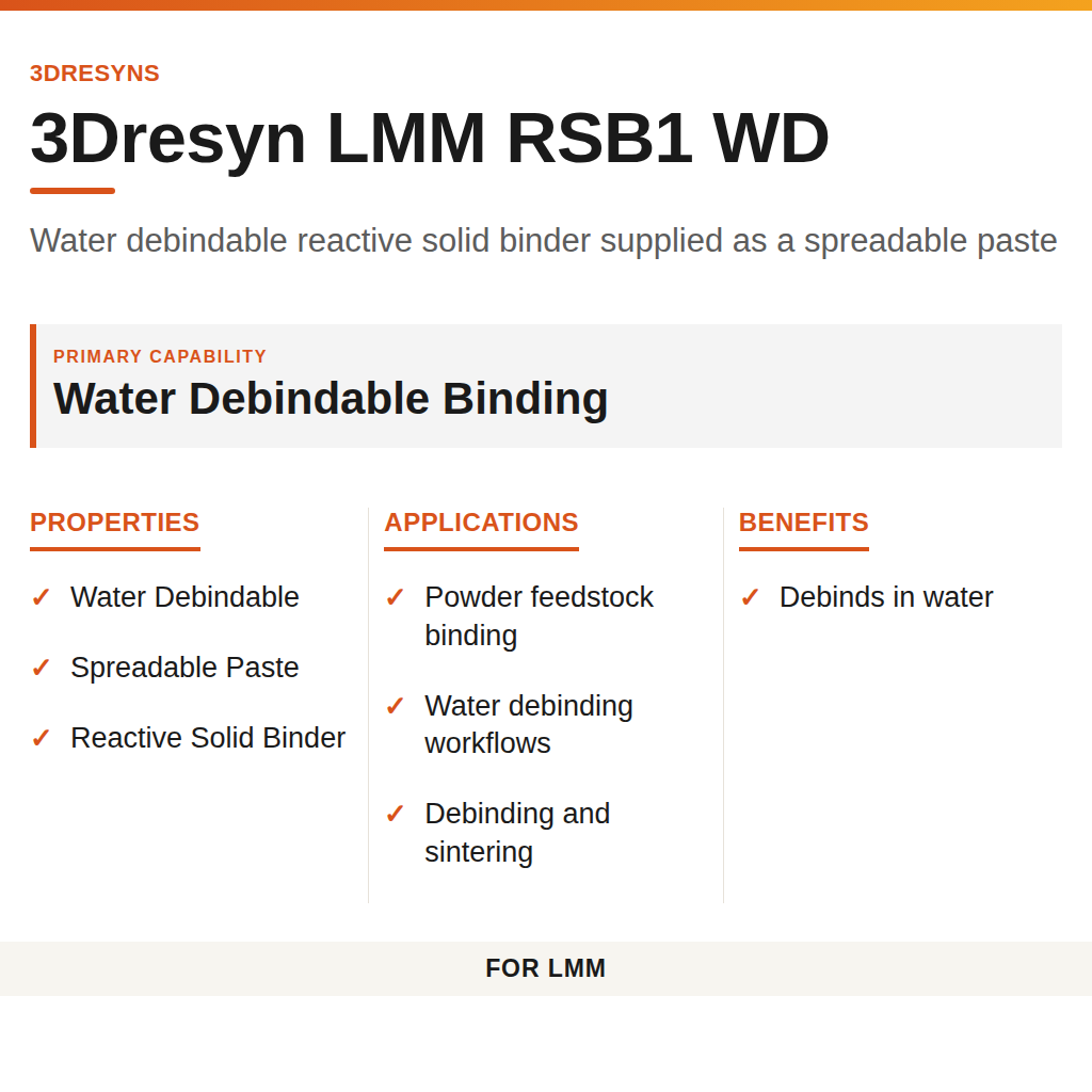 3Dresyn LMM RSB1 WD technical product information card by 3Dresyns