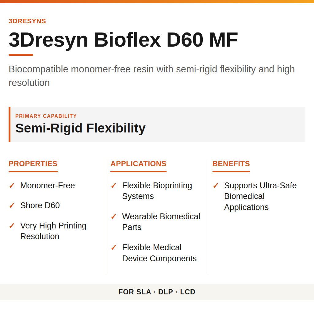 3Dresyn Bioflex D60 MF technical product information card by 3Dresyns