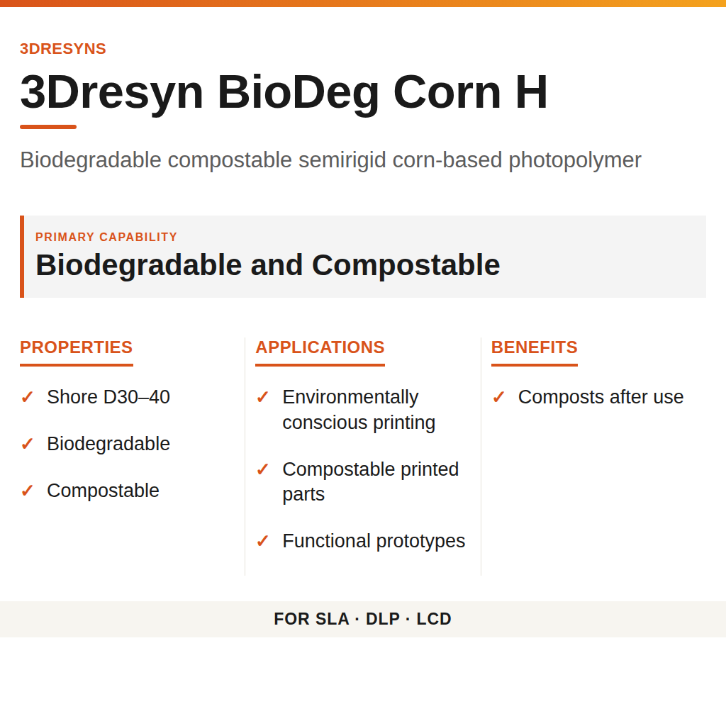 3Dresyn BioDeg Corn H technical product information card by 3Dresyns