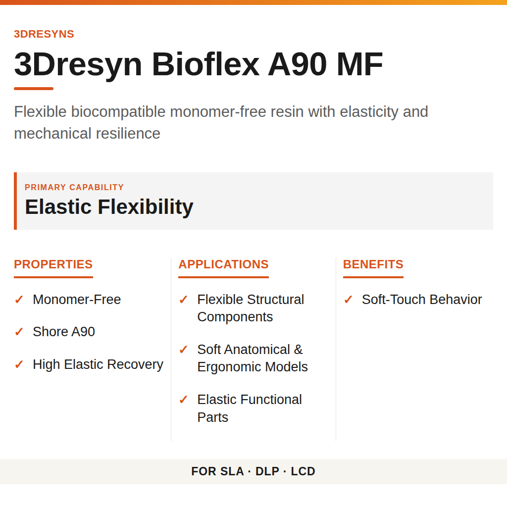 3Dresyn Bioflex A90 MF technical product information card by 3Dresyns