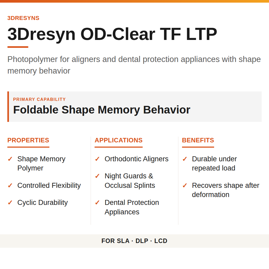 3Dresyn OD-Clear TF LTP technical product information card by 3Dresyns