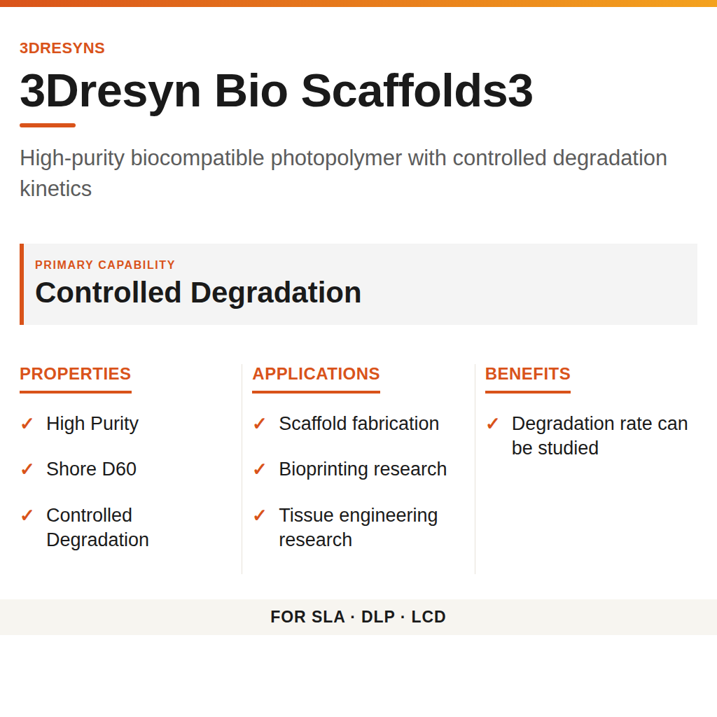 3Dresyn Bio Scaffolds3 technical product information card by 3Dresyns