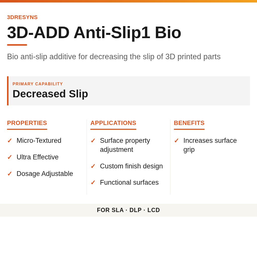 3D-ADD Anti-Slip1 Bio technical product information card by 3Dresyns