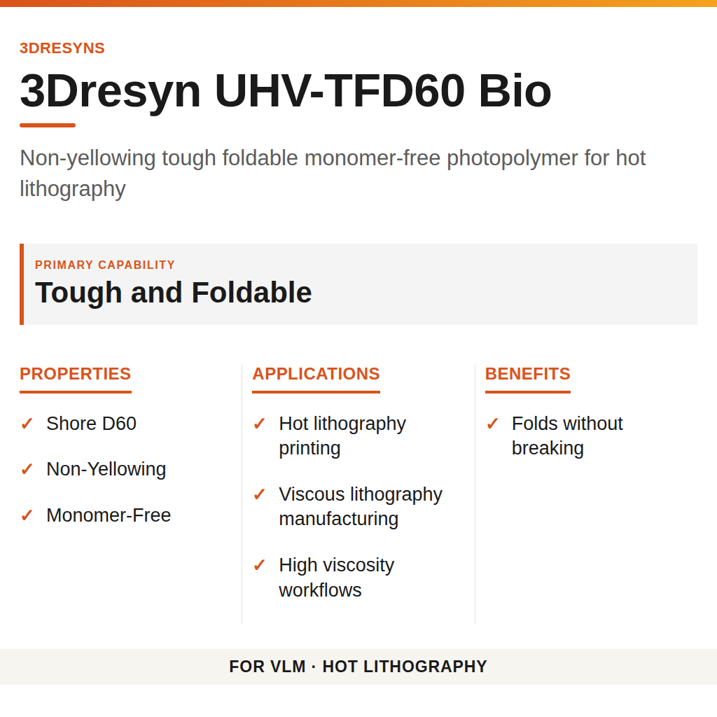 3Dresyn UHV-TFD60 Bio technical product information card by 3Dresyns