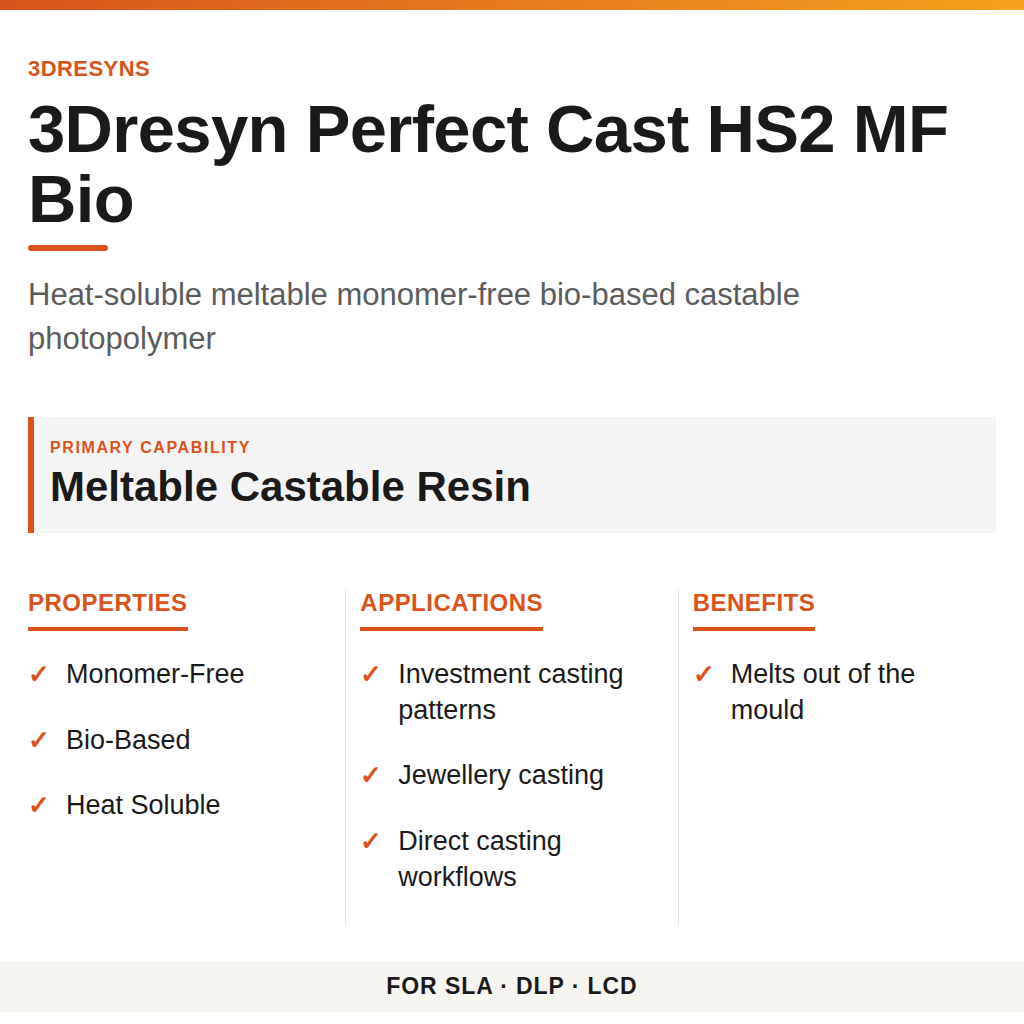 3Dresyn Perfect Cast HS2 MF Bio technical product information card by 3Dresyns