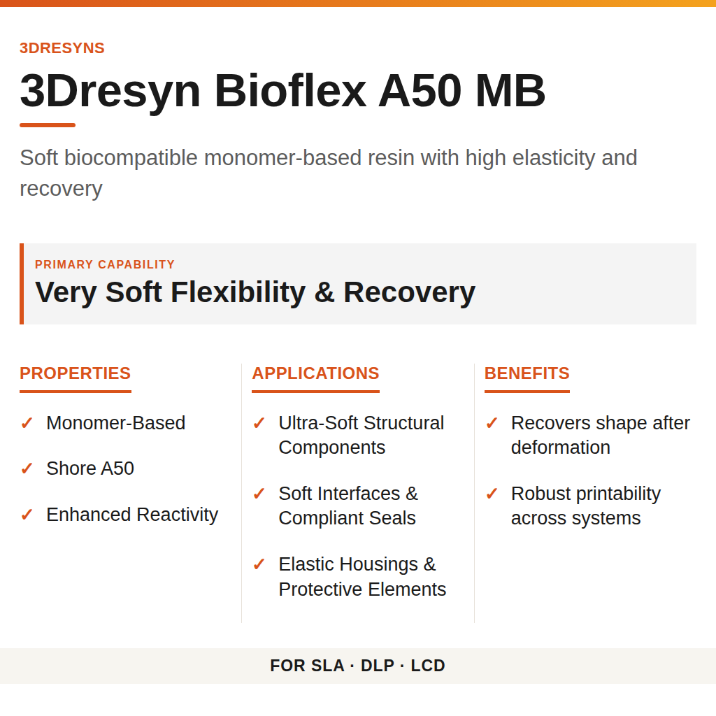 3Dresyn Bioflex A50 MB technical product information card by 3Dresyns