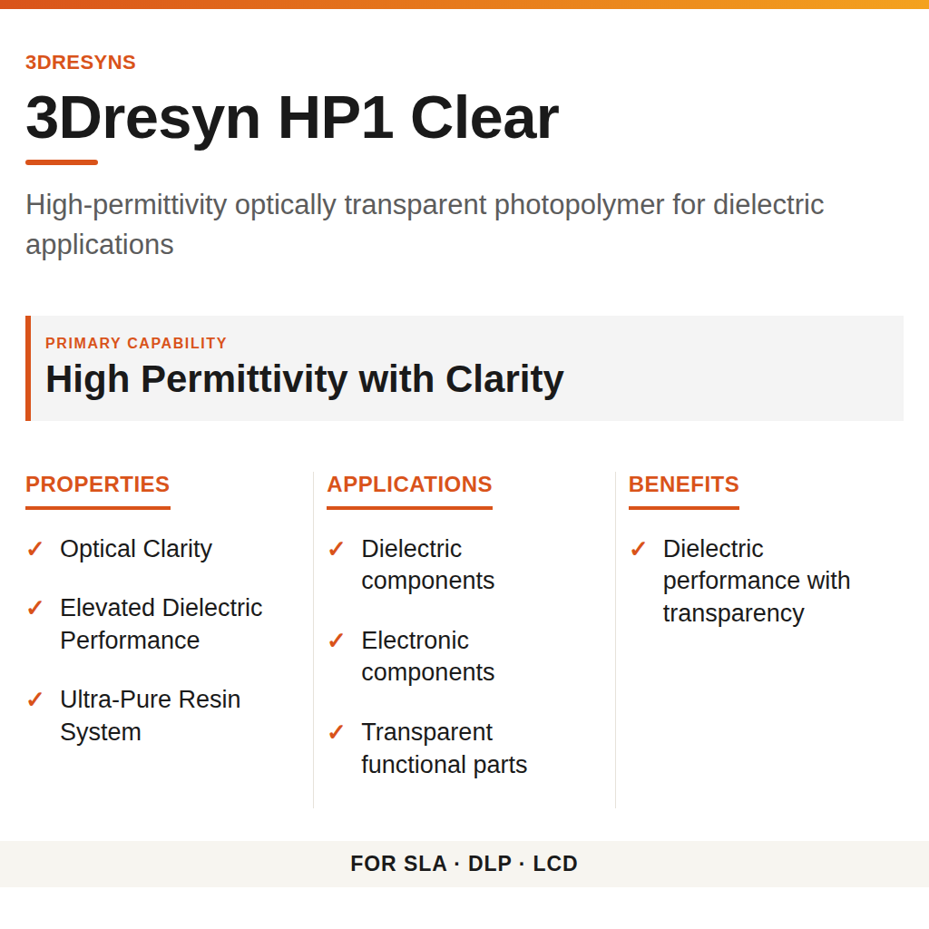 3Dresyn HP1 Clear technical product information card by 3Dresyns