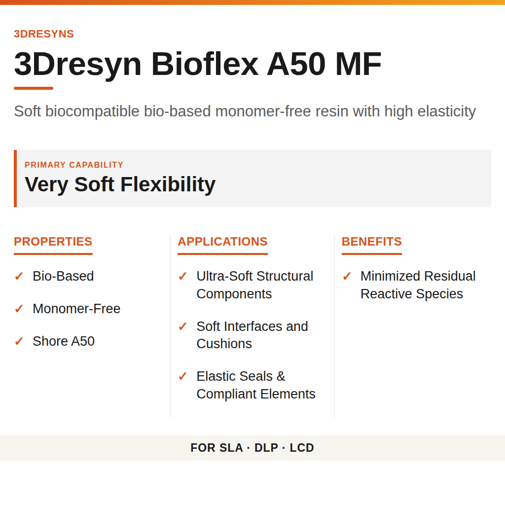 3Dresyn Bioflex A50 MF technical product information card by 3Dresyns