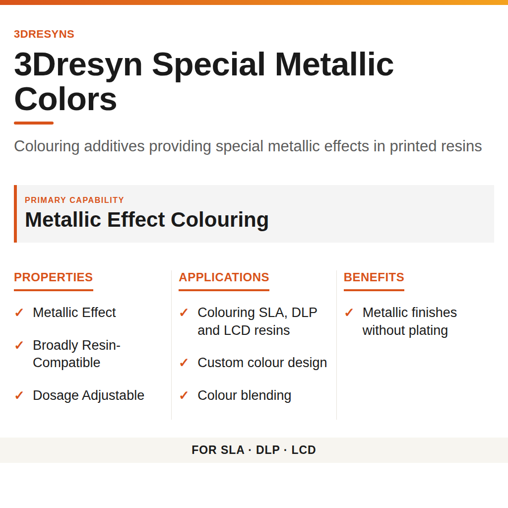 3Dresyn Special Metallic Colors technical product information card by 3Dresyns