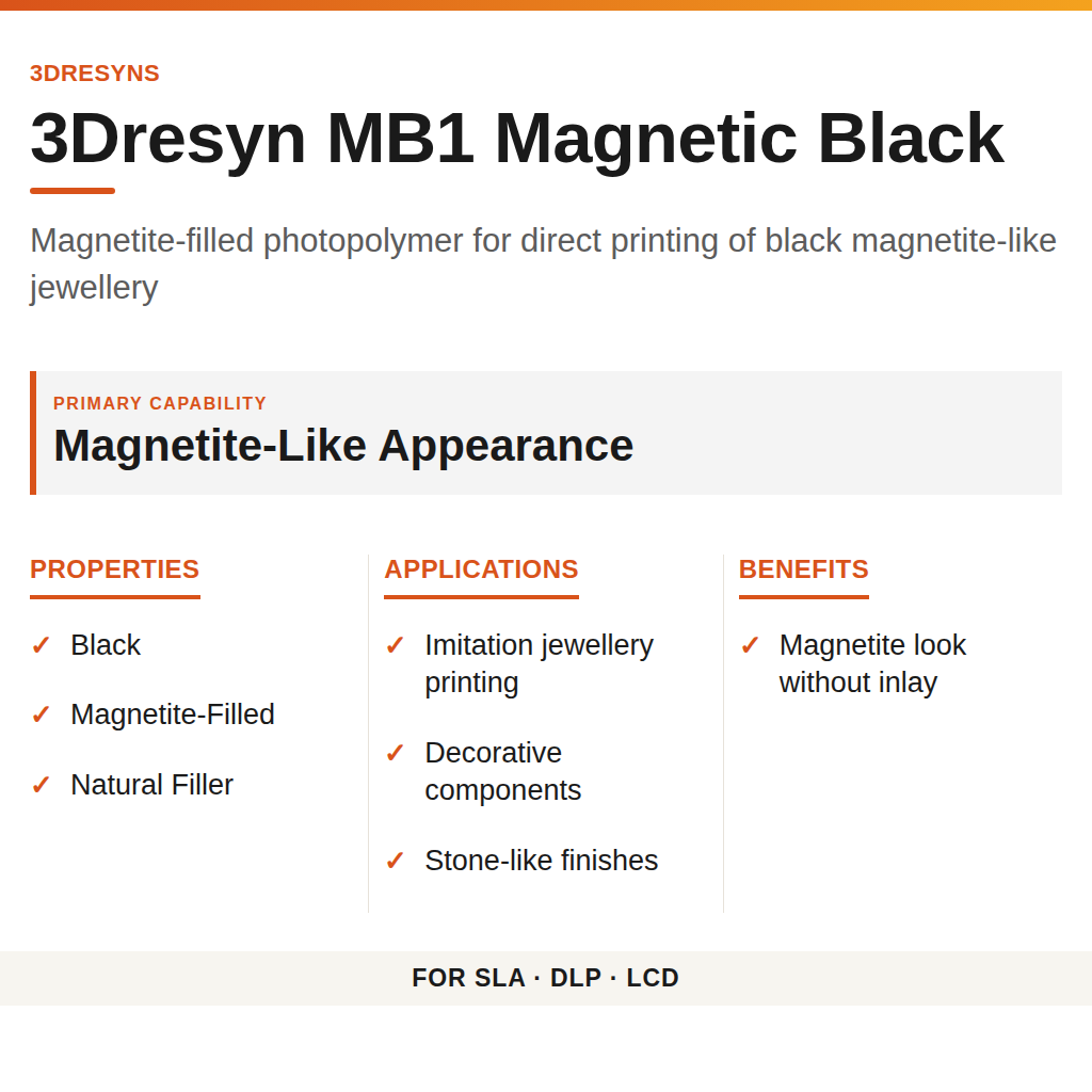 3Dresyn MB1 Magnetic Black technical product information card by 3Dresyns