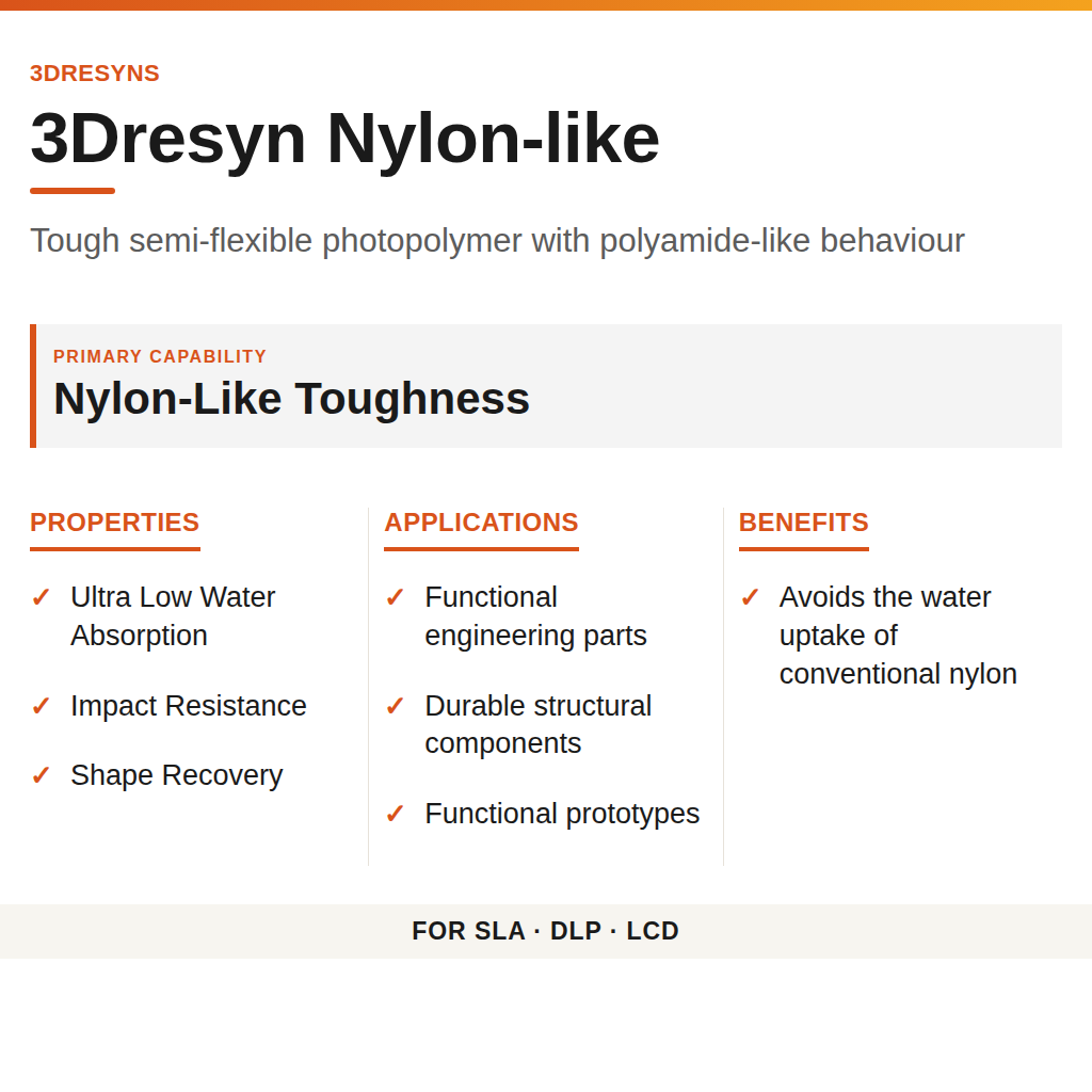 3Dresyn Nylon-like technical product information card by 3Dresyns