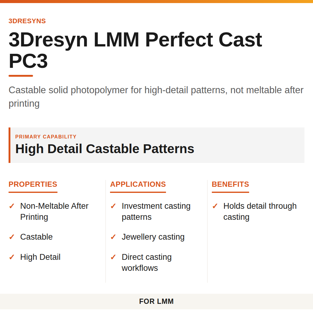 3Dresyn LMM Perfect Cast PC3 technical product information card by 3Dresyns