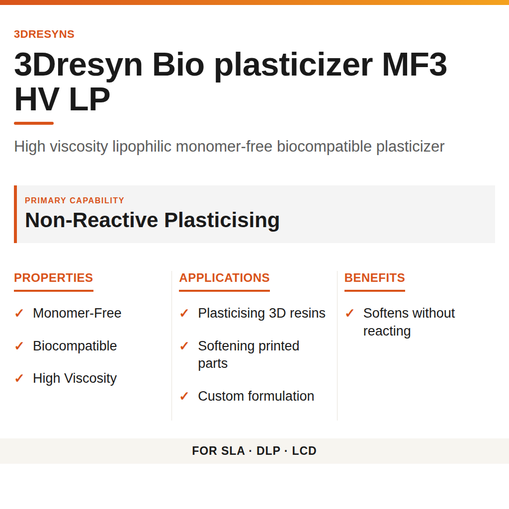 3Dresyn Bio plasticizer MF3 HV LP technical product information card by 3Dresyns