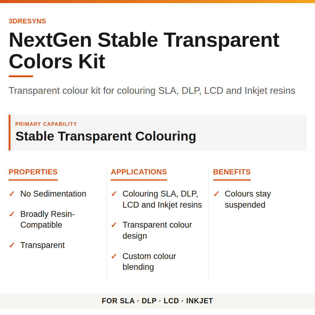 NextGen Stable Transparent Colors Kit technical product information card by 3Dresyns