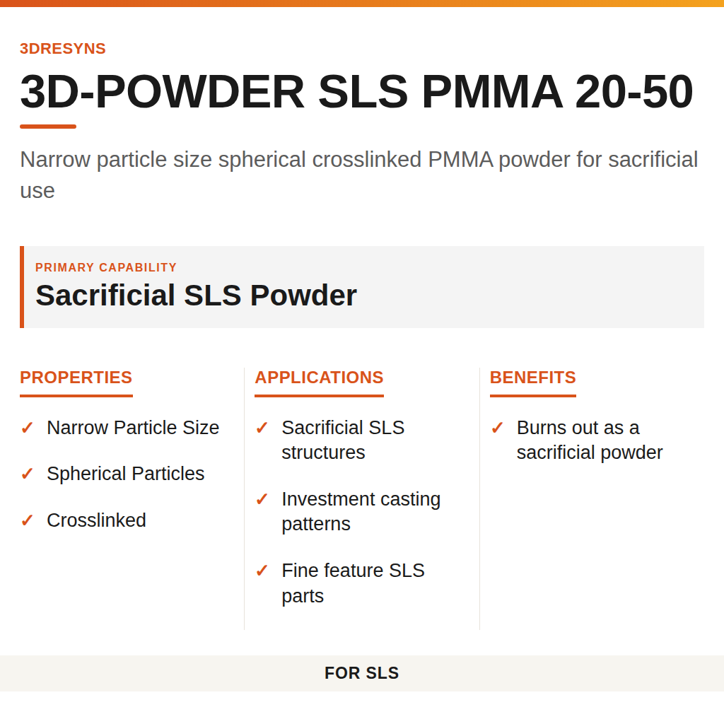 3D-POWDER SLS PMMA 20-50 technical product information card by 3Dresyns