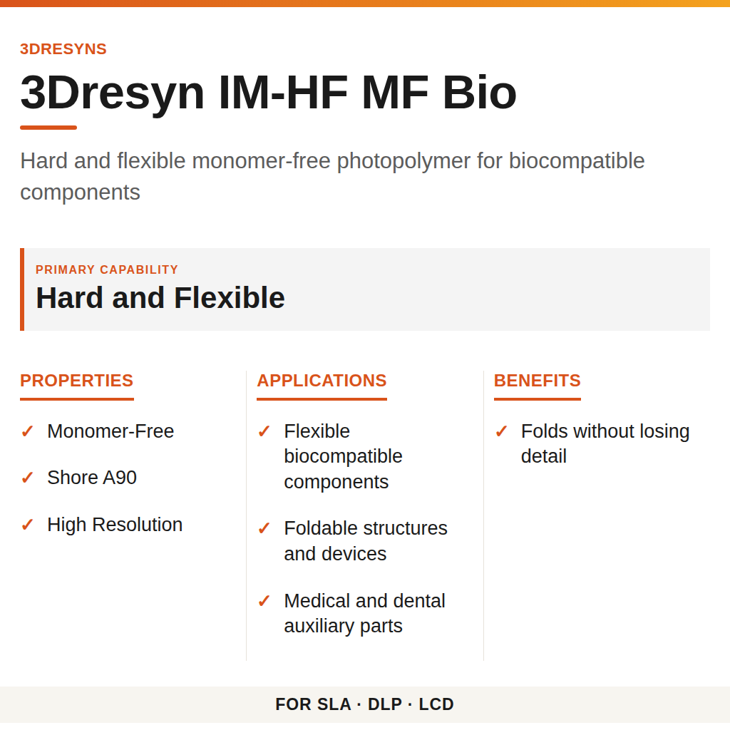3Dresyn IM-HF MF Bio technical product information card by 3Dresyns