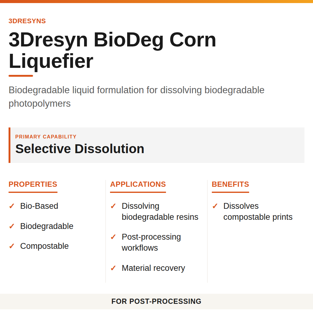 3Dresyn BioDeg Corn Liquefier technical product information card by 3Dresyns