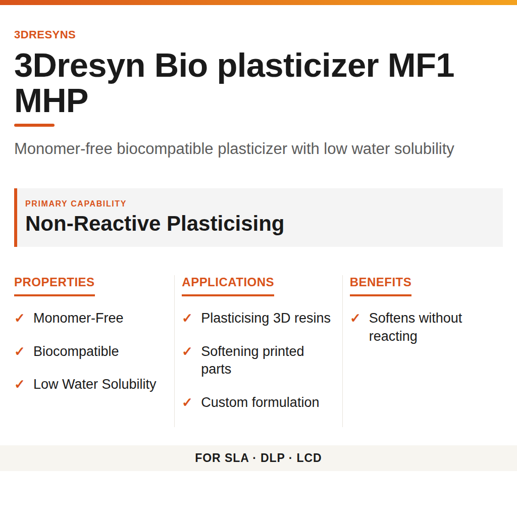 3Dresyn Bio plasticizer MF1 MHP technical product information card by 3Dresyns
