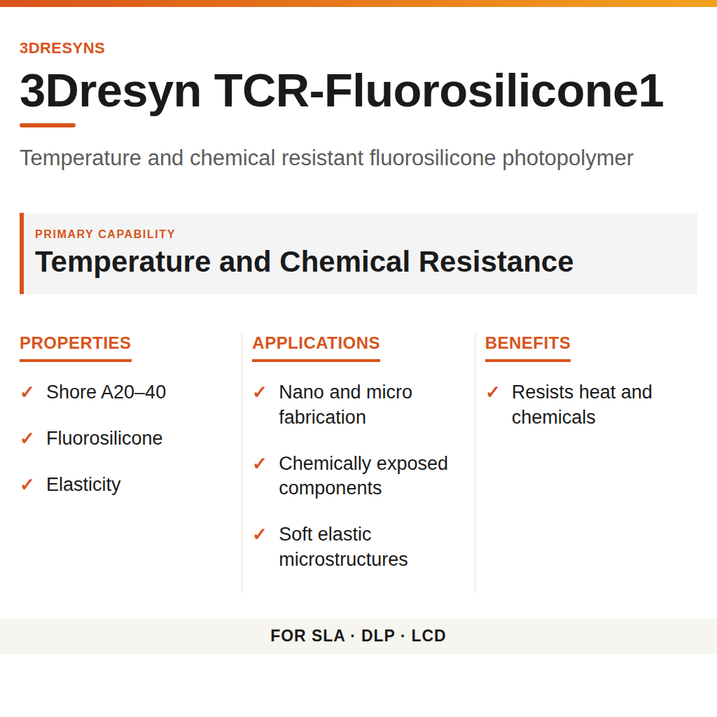3Dresyn TCR-Fluorosilicone1 technical product information card by 3Dresyns
