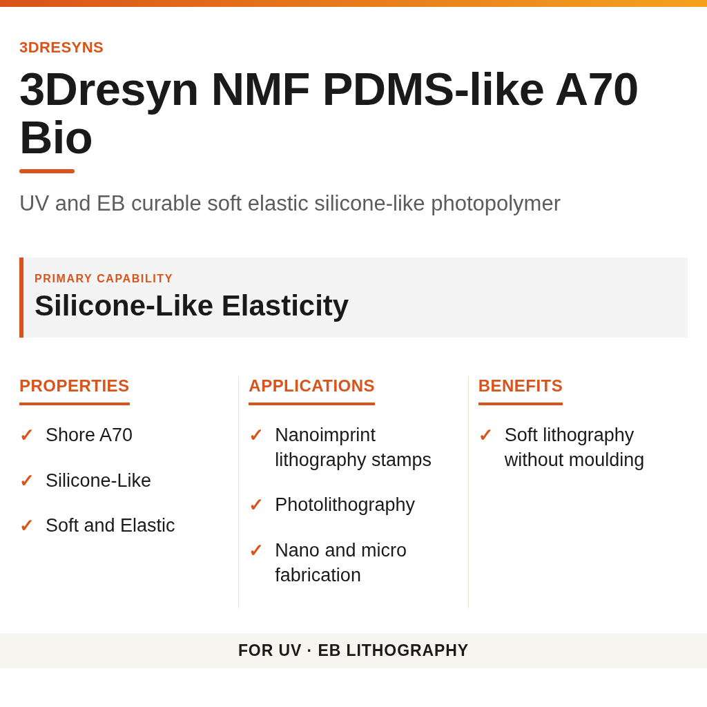 3Dresyn NMF PDMS-like A70 Bio technical product information card by 3Dresyns