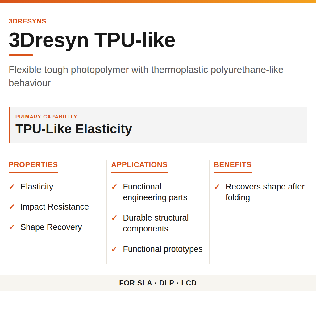 3Dresyn TPU-like technical product information card by 3Dresyns