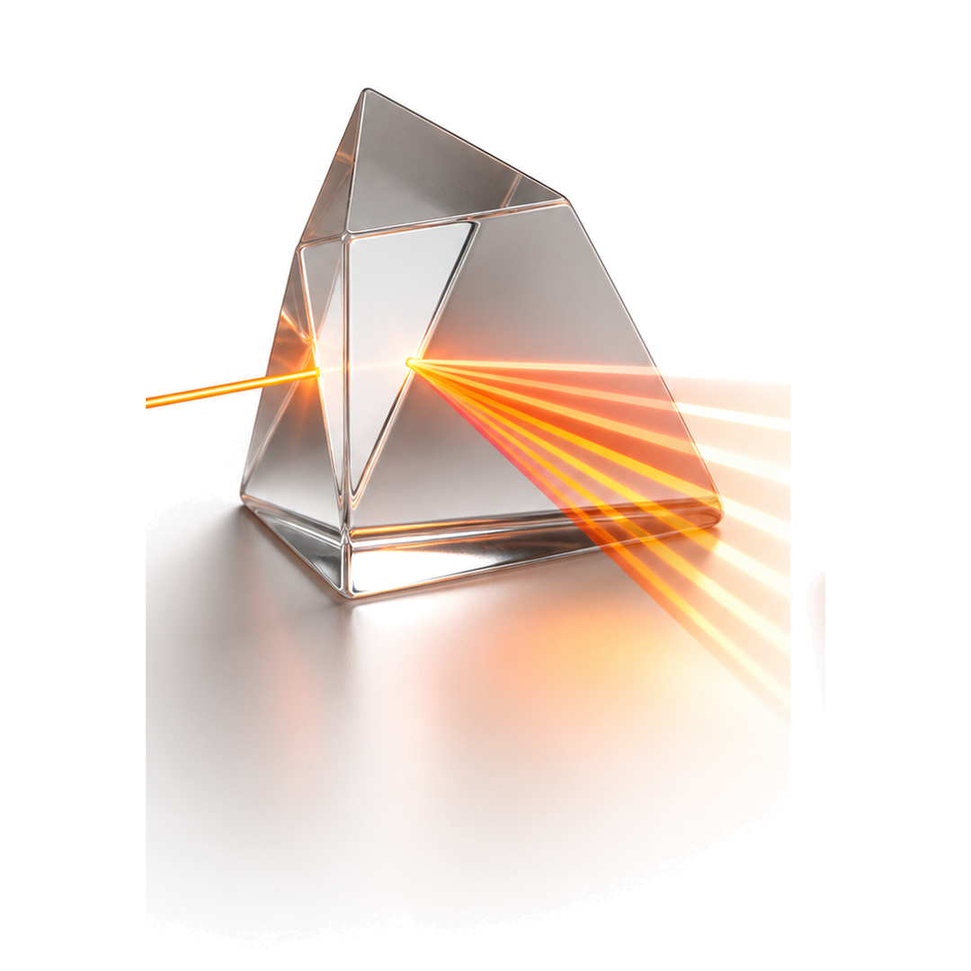 Optical prism refracting a controlled orange beam into an amber fan, 3D printing resins selected by refractive index