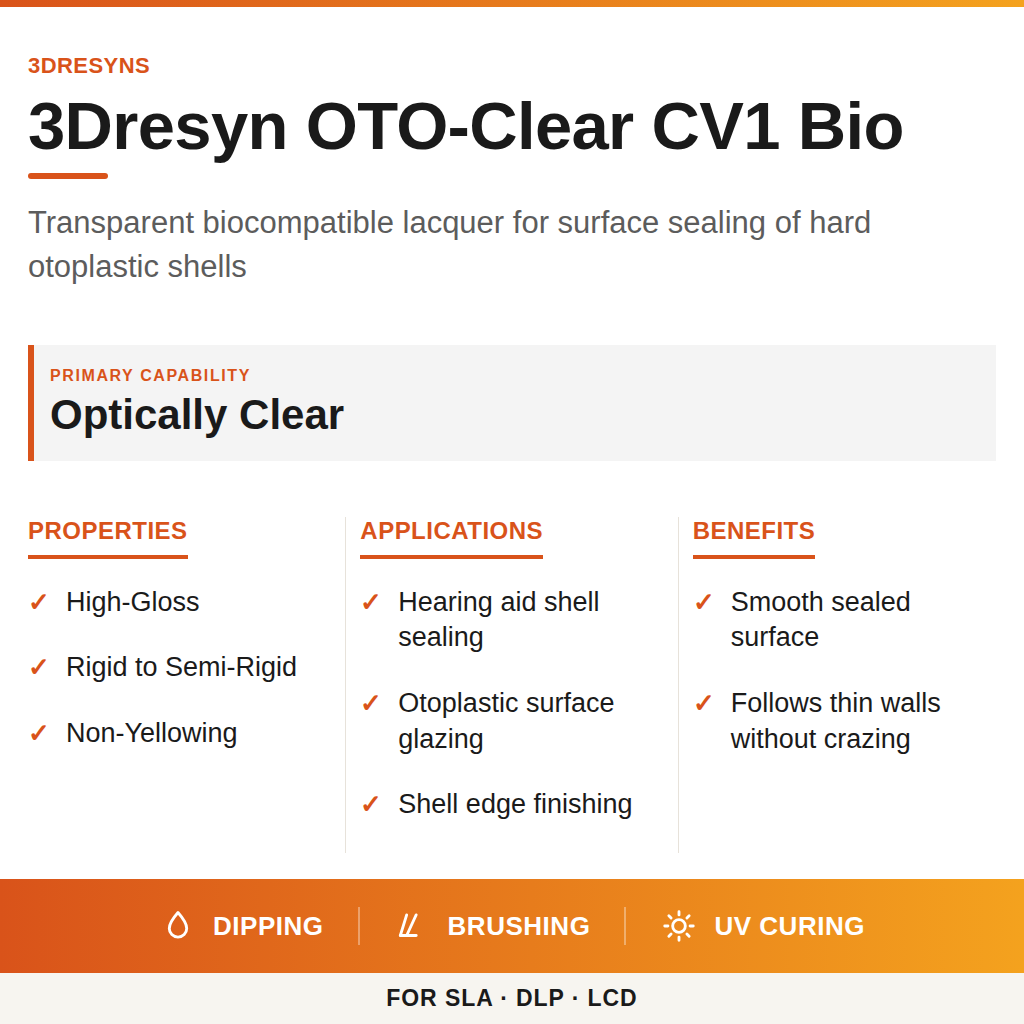 3Dresyn OTO-Clear CV1 Bio technical product information card by 3Dresyns