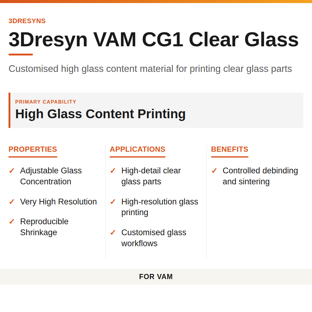 3Dresyn VAM CG1 Clear Glass technical product information card by 3Dresyns