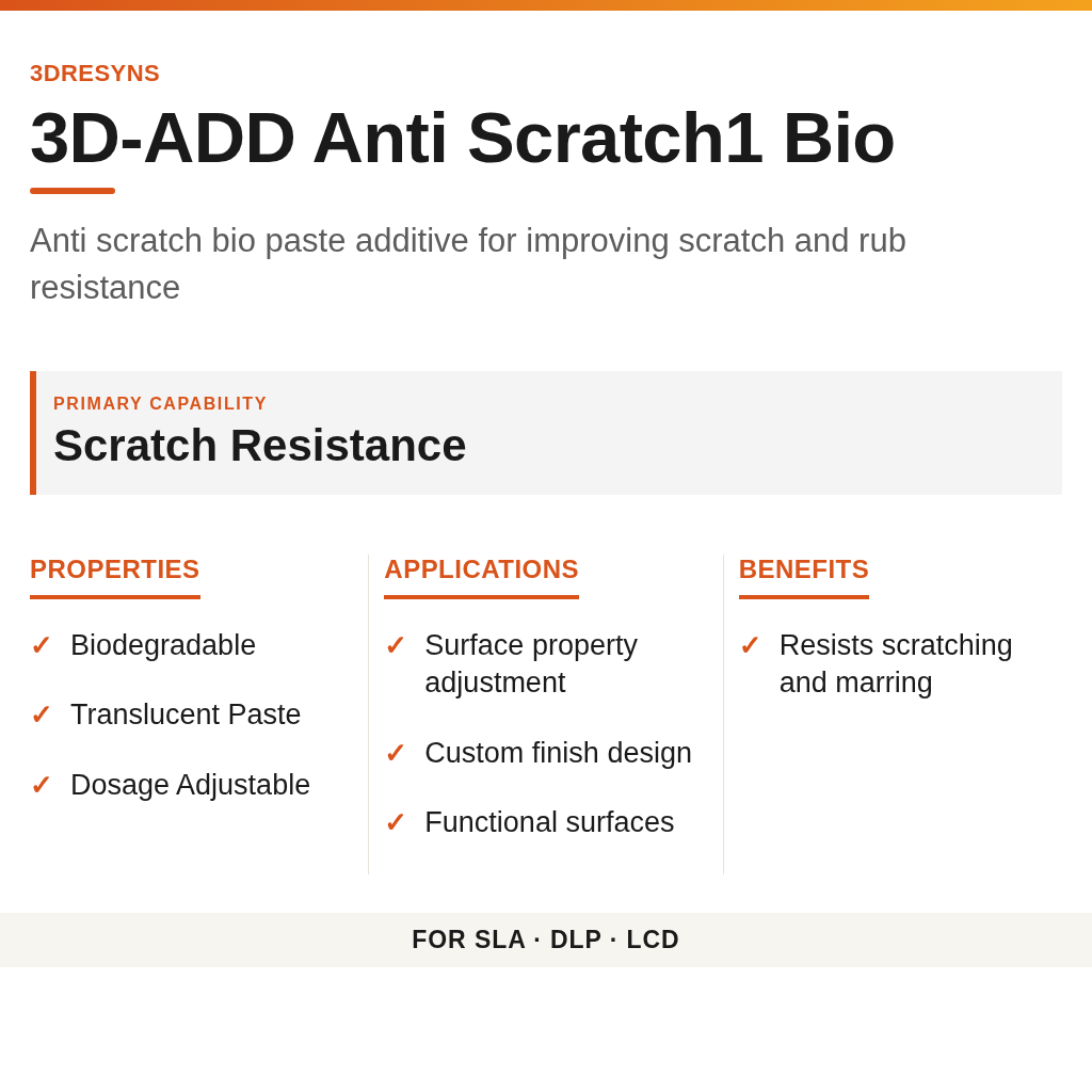3D-ADD Anti Scratch1 Bio technical product information card by 3Dresyns