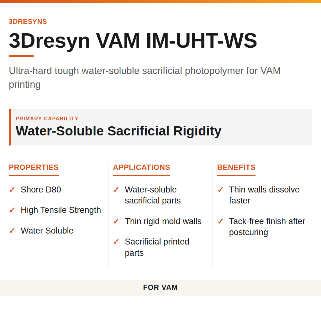 3Dresyn VAM IM-UHT-WS technical product information card by 3Dresyns