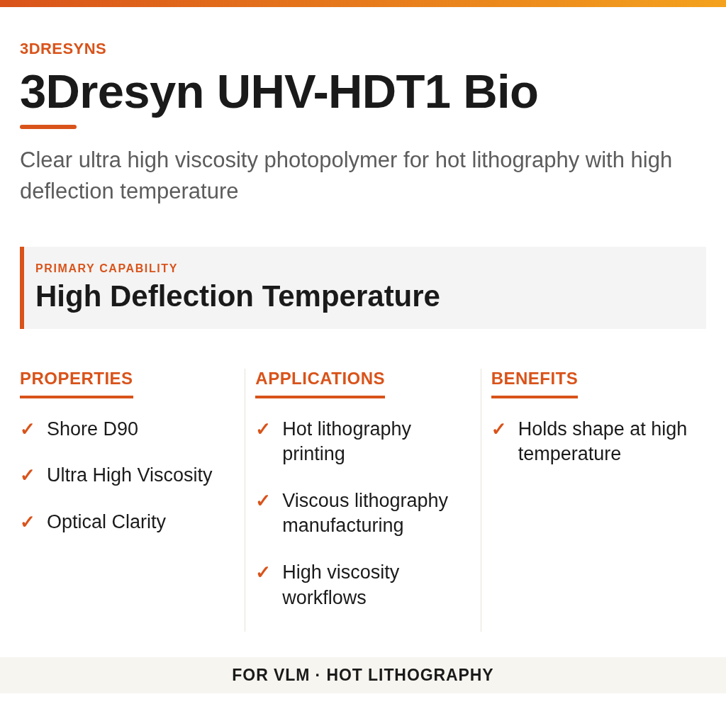 3Dresyn UHV-HDT1 Bio technical product information card by 3Dresyns