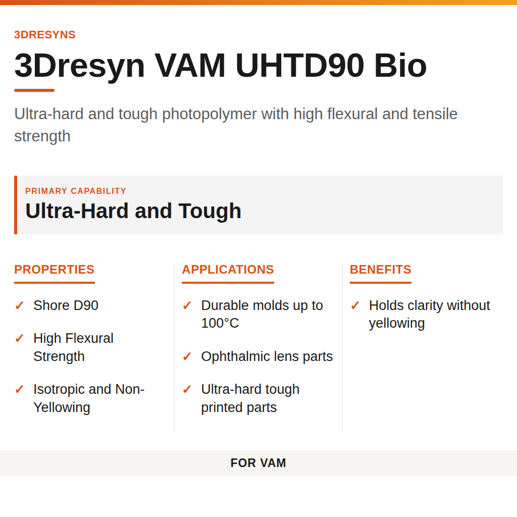 3Dresyn VAM UHTD90 Bio technical product information card by 3Dresyns