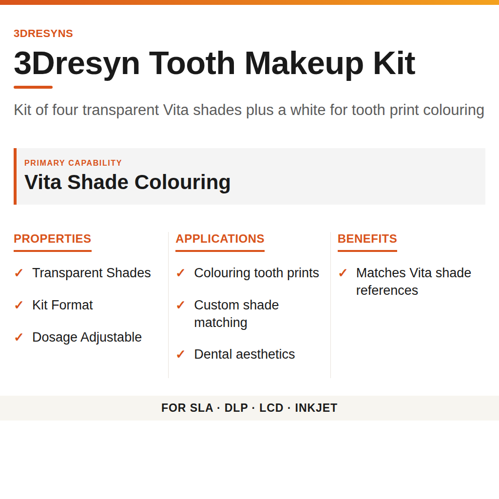3Dresyn Tooth Makeup Kit technical product information card by 3Dresyns