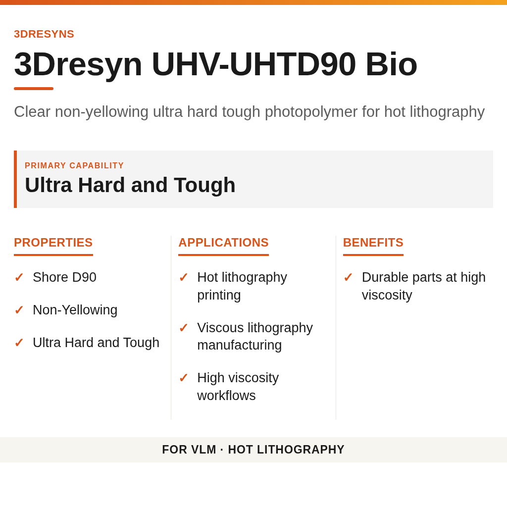 3Dresyn UHV-UHTD90 Bio technical product information card by 3Dresyns
