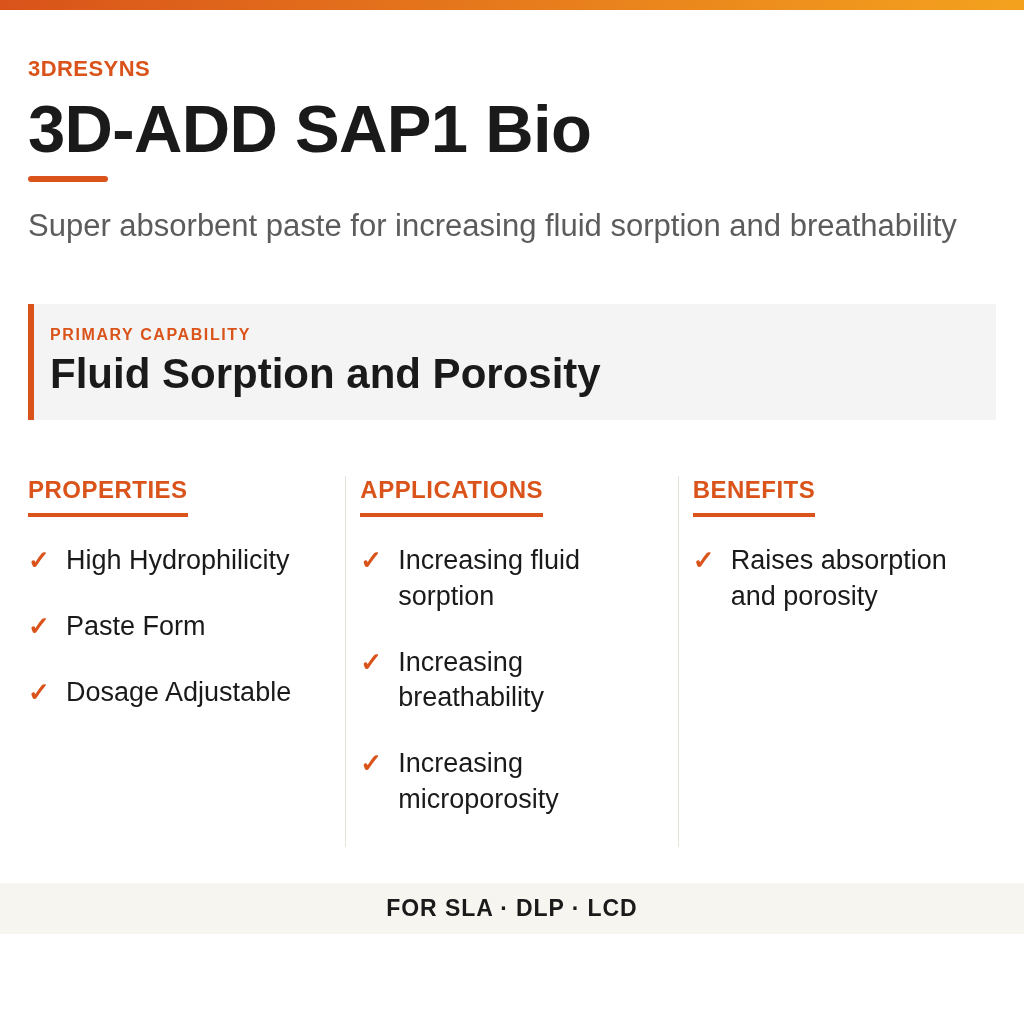 3D-ADD SAP1 Bio technical product information card by 3Dresyns