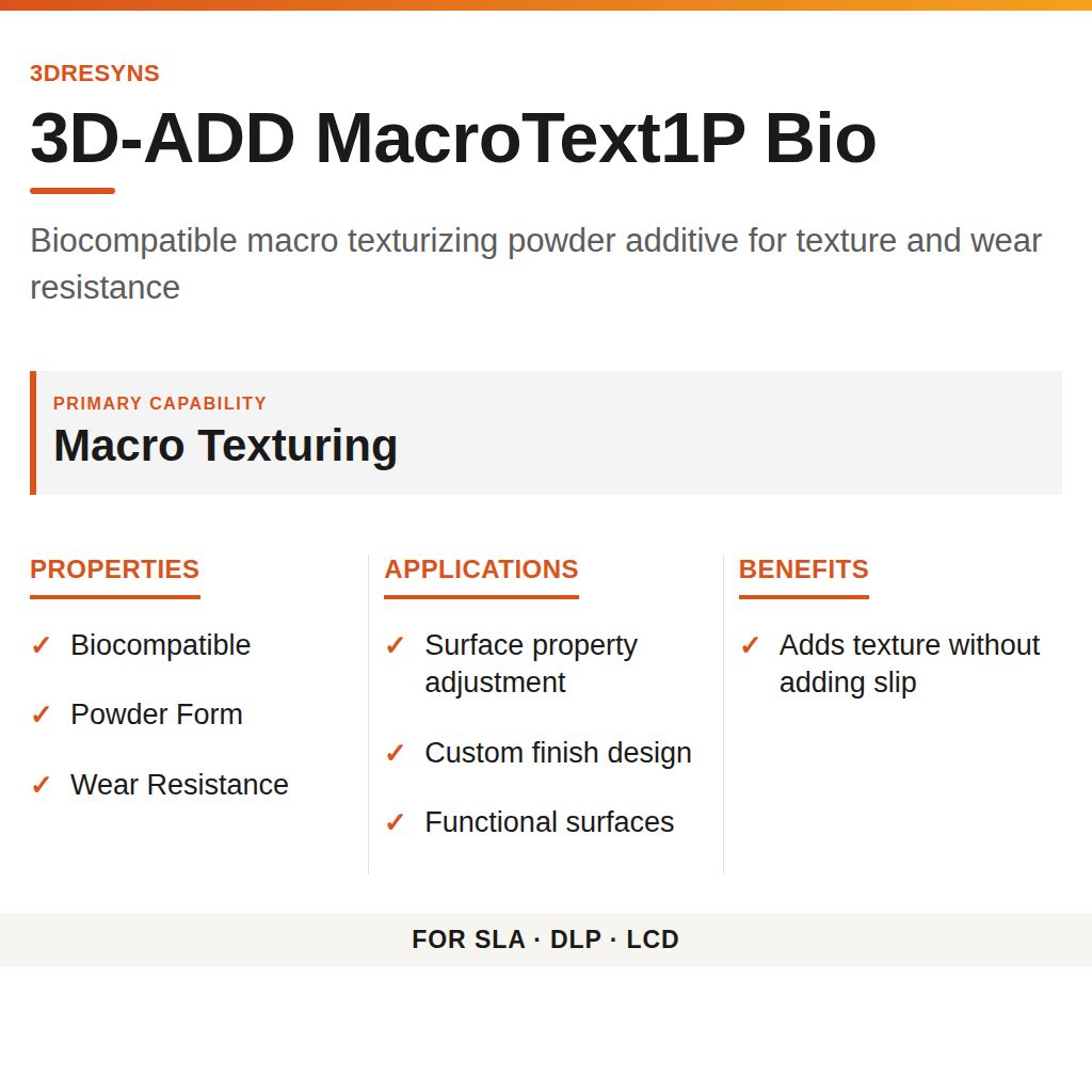 3D-ADD MacroText1P Bio technical product information card by 3Dresyns