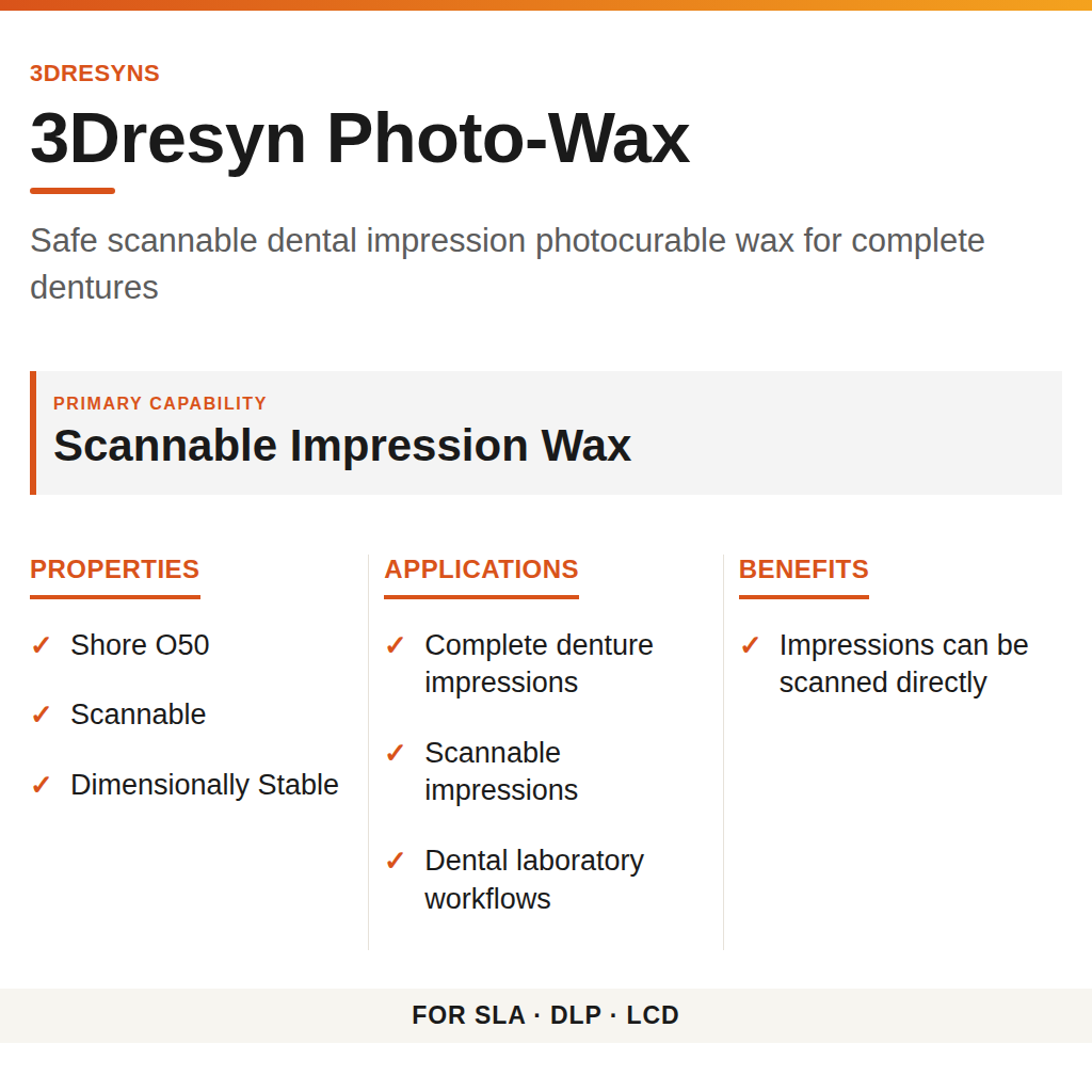 3Dresyn Photo-Wax technical product information card by 3Dresyns