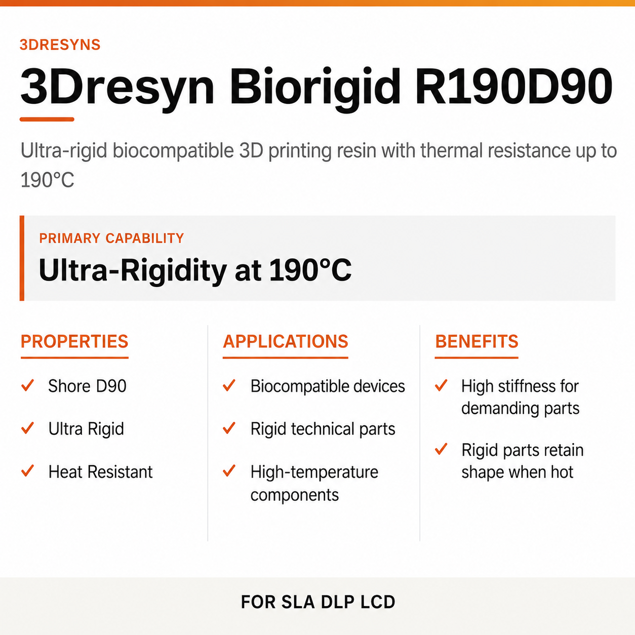 3Dresyn® Biorigid R190D90 is an ultra-rigid biocompatible photopolymer engineered to provide very high stiffness, dimensional stability and thermal resistance up to 190 °C 