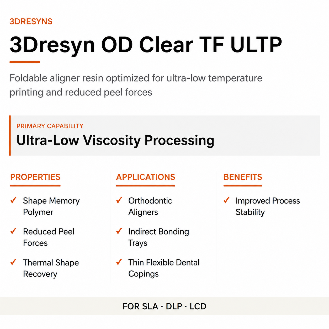 3Dresyn® OD-Clear TF ULTP is an advanced photopolymer engineered for orthodontic aligner fabrication workflows requiring ultra-low viscosity and reduced peel forces.