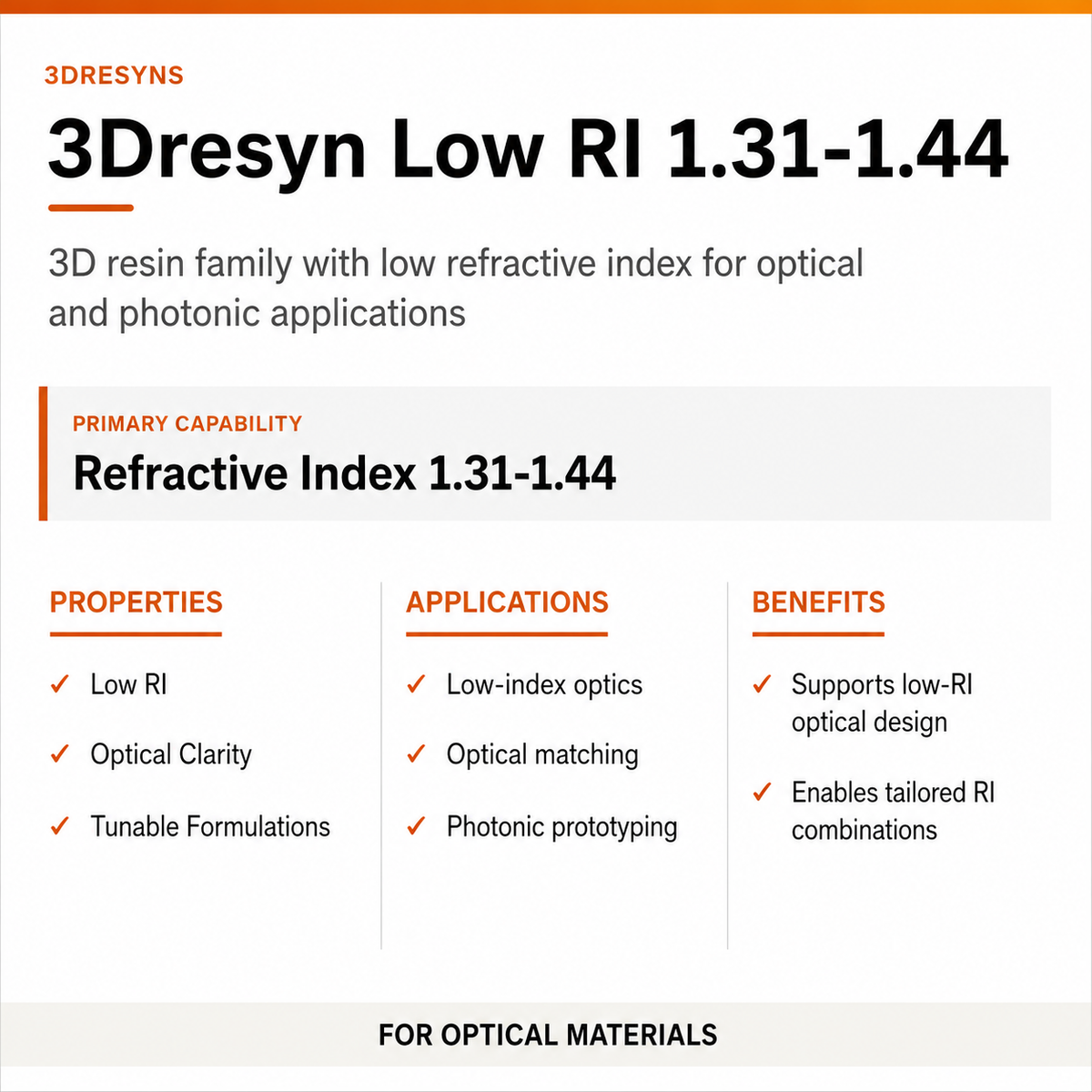 3Dresyns® Low Refractive Index Resins (RI 1.31–1.44) comprise a specialized family of photopolymers engineered for advanced optical, microfluidic and micro/nano fabrication applications requiring low refractive index values and highly tunable material performance.