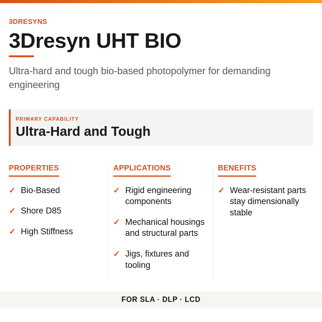 3Dresyn UHT BIO technical product information card by 3Dresyns