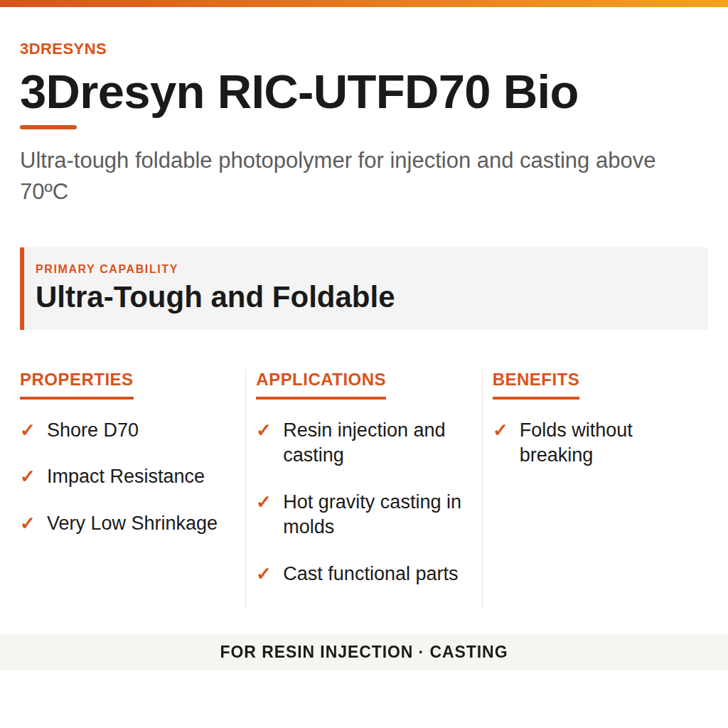 3Dresyn RIC-UTFD70 Bio technical product information card by 3Dresyns