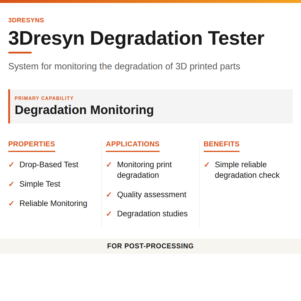 3Dresyn Degradation Tester technical product information card by 3Dresyns