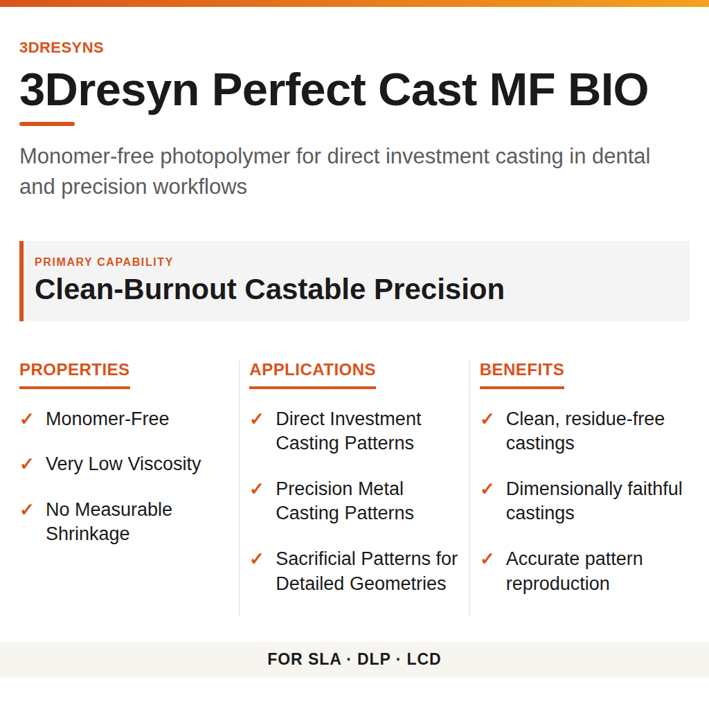 3Dresyn Perfect Cast MF BIO technical product information card by 3Dresyns