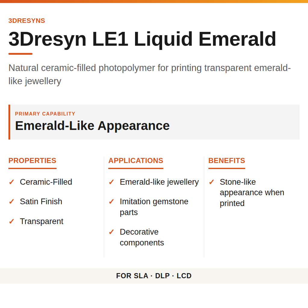 3Dresyn LE1 Liquid Emerald technical product information card by 3Dresyns
