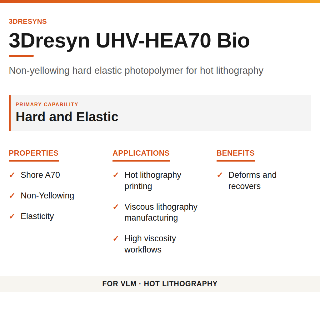 3Dresyn UHV-HEA70 Bio technical product information card by 3Dresyns