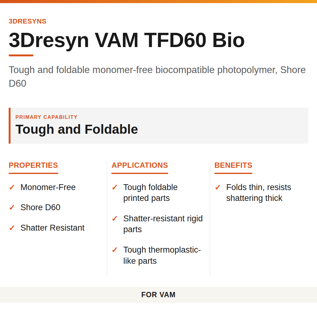3Dresyn VAM TFD60 Bio technical product information card by 3Dresyns