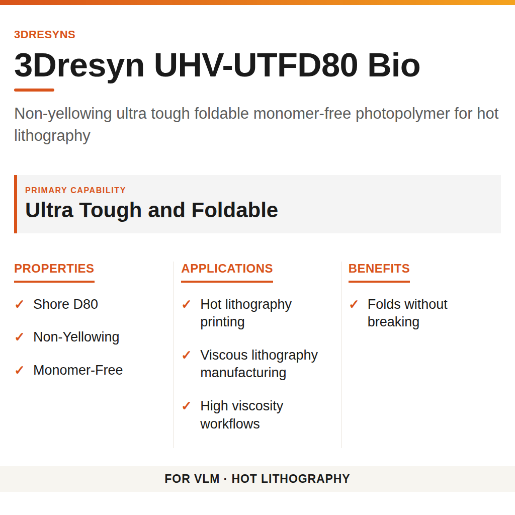 3Dresyn UHV-UTFD80 Bio technical product information card by 3Dresyns