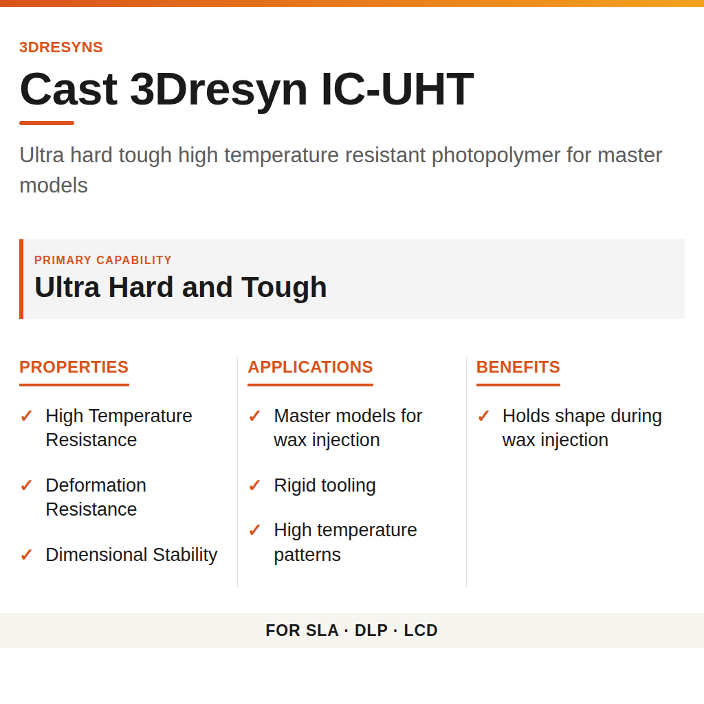 Cast 3Dresyn IC-UHT technical product information card by 3Dresyns