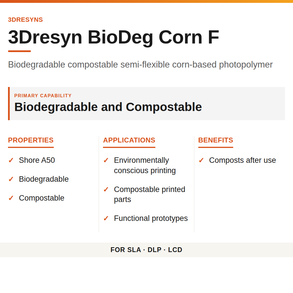 3Dresyn BioDeg Corn F technical product information card by 3Dresyns